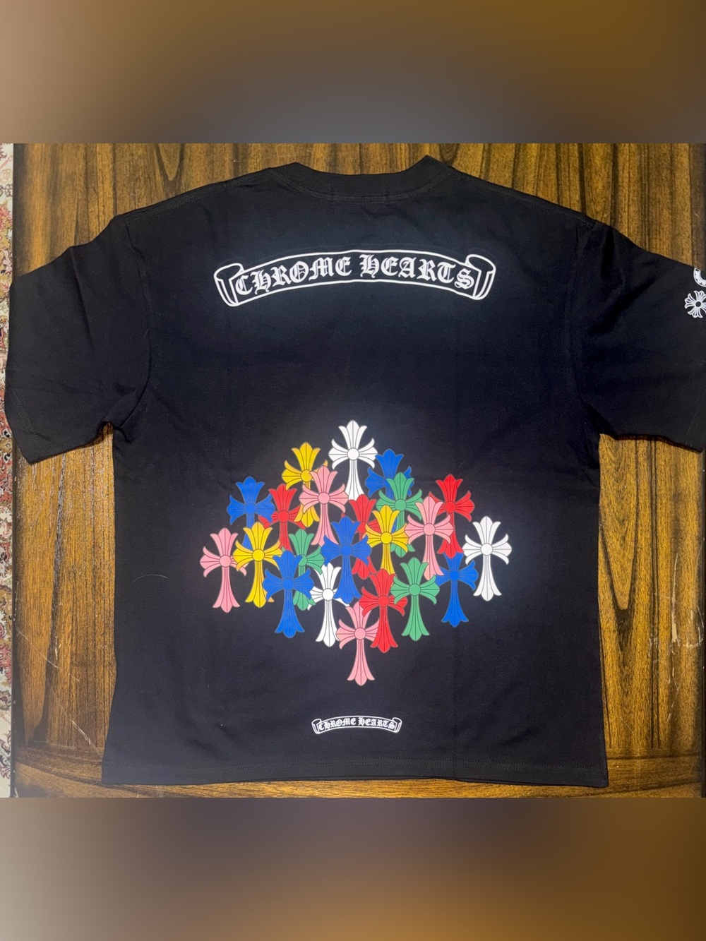 Chrome Hearts Kids Black Tee with Multicolor Cross Bouquet